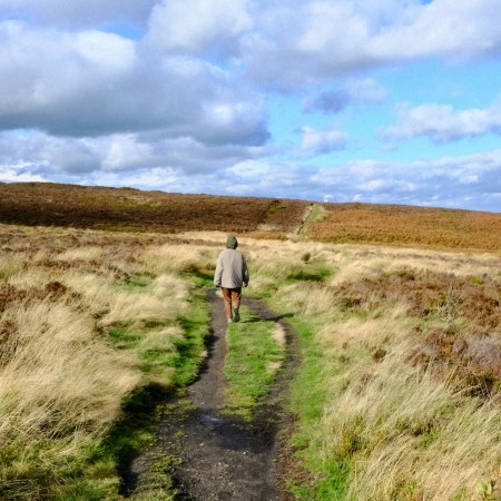 A man walking down a country lane with clouds above.