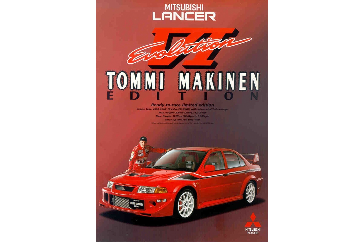 A magazine ad for the Mitsubishi Lancer Evolution VI Tommi Makinen edition