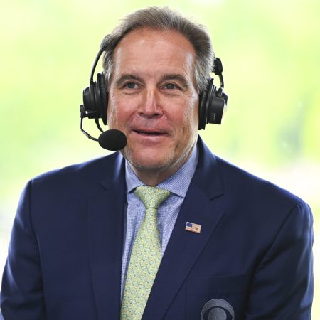 Jim Nantz of CBS in the broadcast booth at the Memorial Tournament.