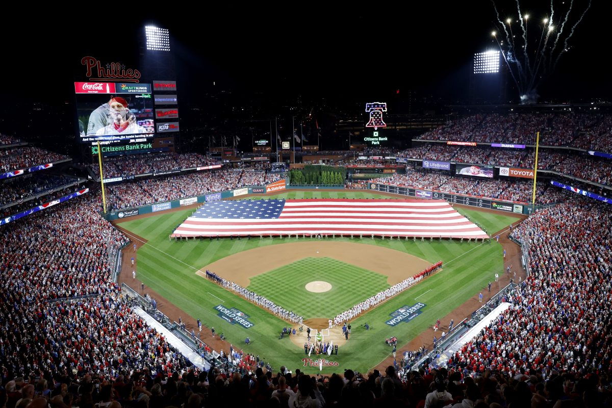 A general view of Citizens Bank Park during the national anthem.
