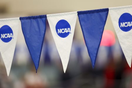 NCAA banners hang before the start of an event.