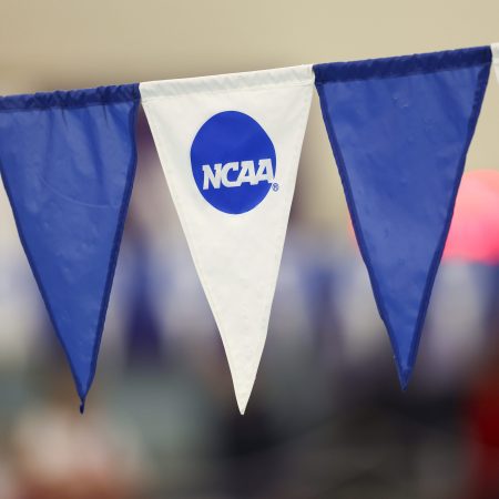 NCAA banners hang before the start of an event.