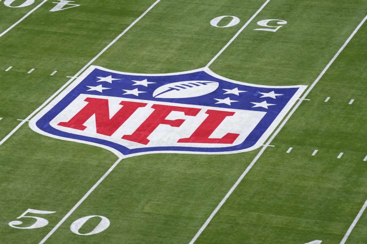 The NFL logo on the field prior to Super Bowl LVII.