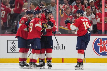 The Florida Panthers and their fans celebrate after a goal.