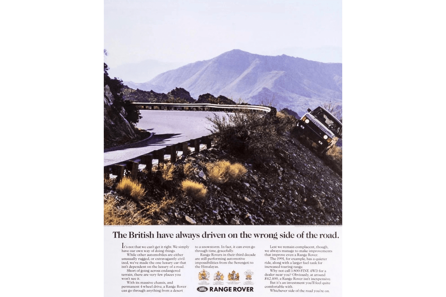 Land Rover Range Rover "wrong side of the road" print ad