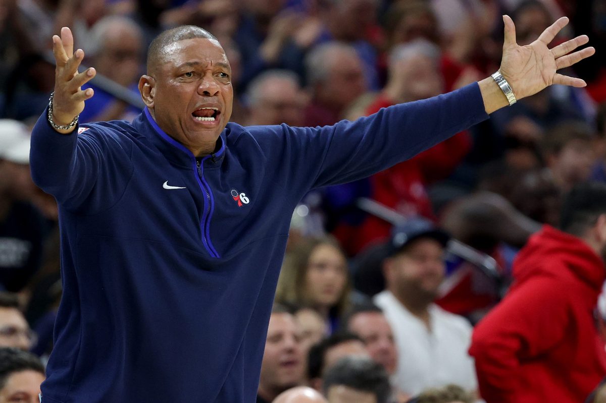 Doc Rivers of the 76ers reacts against the Celtics.