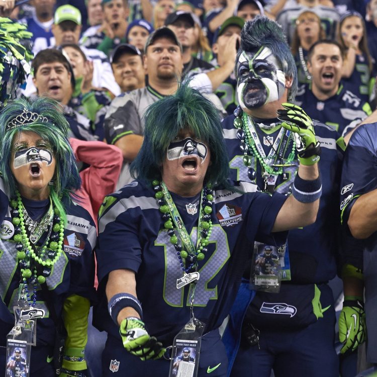 Seattle Seahawks fans with faces painted during a game.
