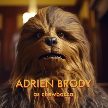 A screenshot of a Wes Anderson-inspired "Star Wars" trailer on YouTube, featuring a Chewbacca-like character supposedly played by Adrien Brody