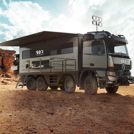 High-tech camping van in desert area