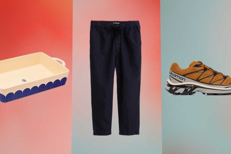 Great Jones hot dish, Alex Mill pants and a Saloman sneaker on a red and blue background