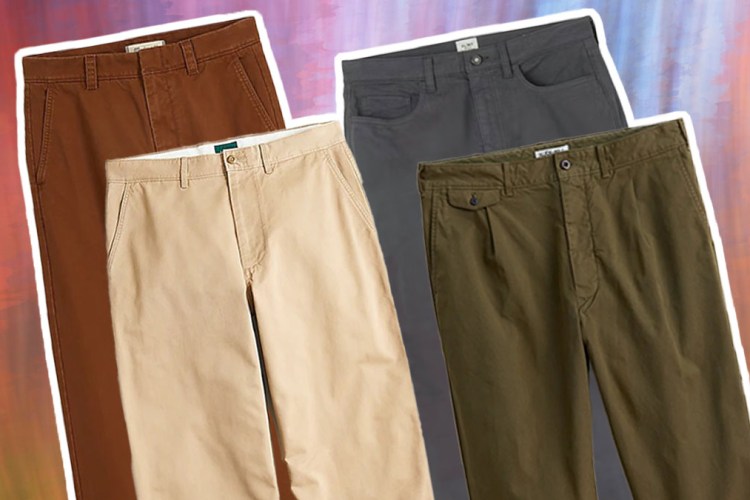 a collage of mens chinos on a green background
