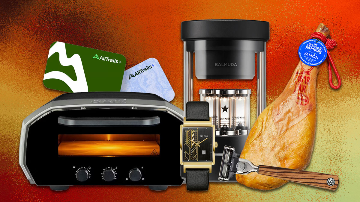 a collage of unique gifts for father's day on a red patterned background