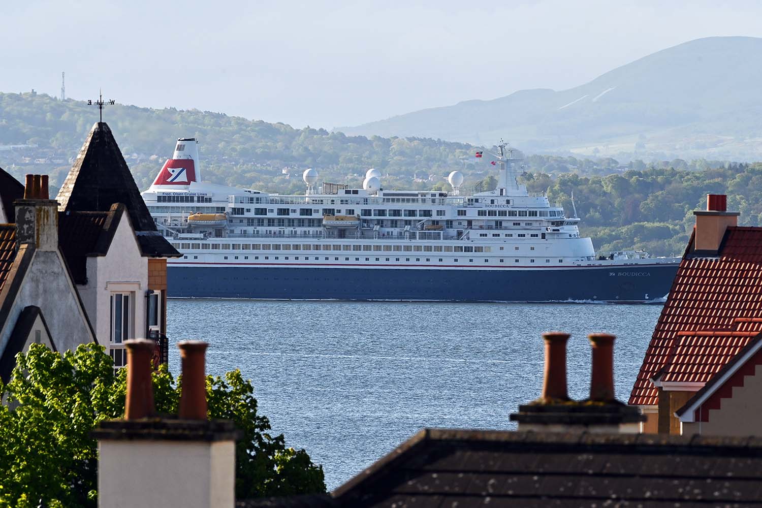 A cruise ship en route to the Port of Rosyth in Dalgety Bay, Scotland