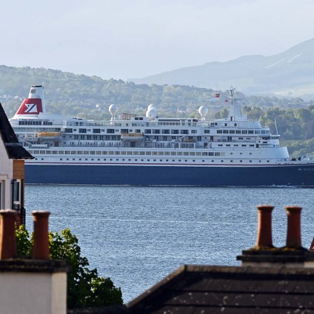 A cruise ship en route to the Port of Rosyth in Dalgety Bay, Scotland