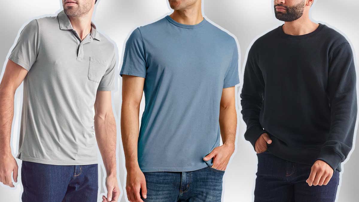 Three models wearing DUER shirts