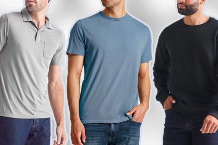 Three models wearing DUER shirts