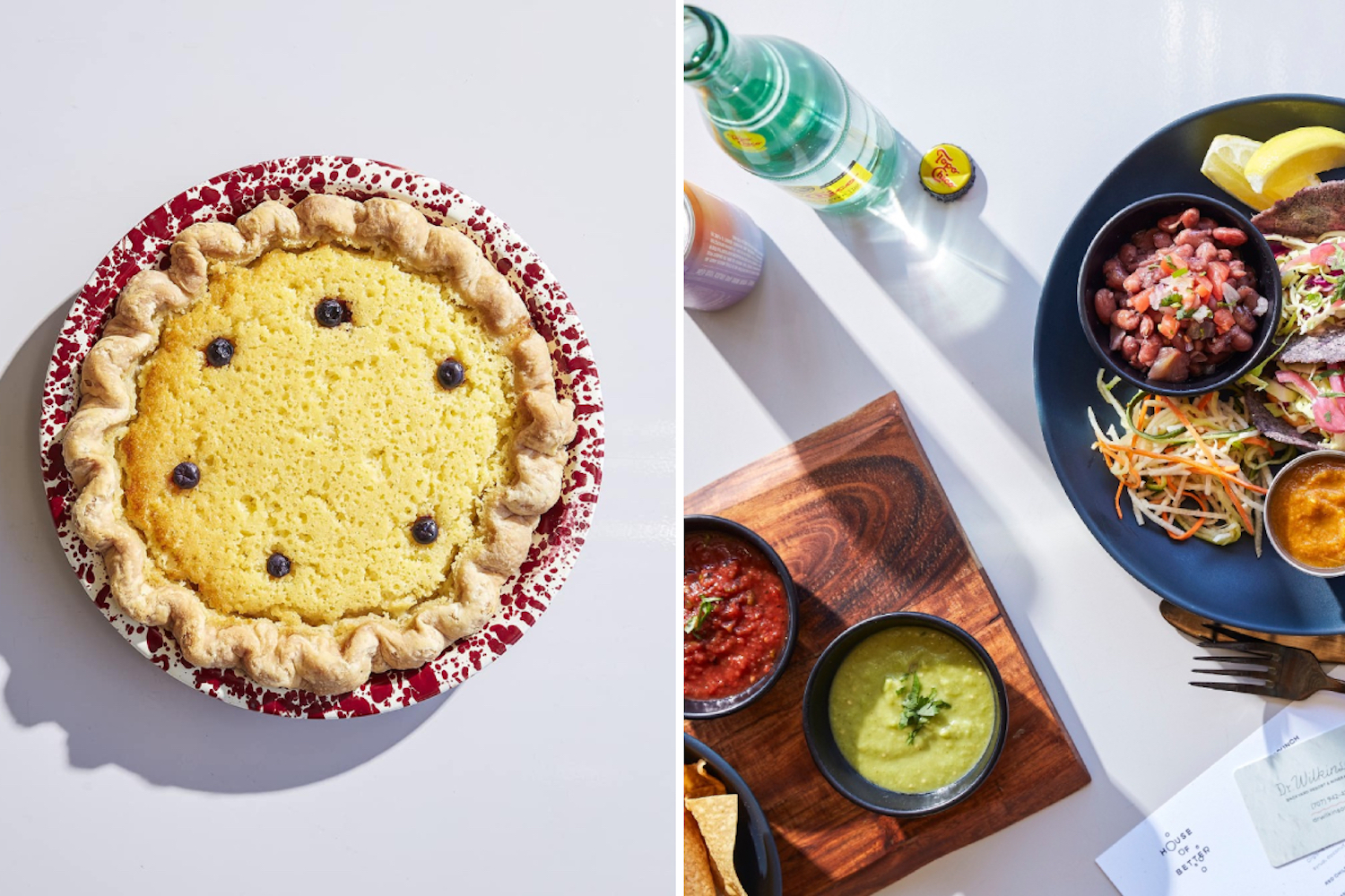 side by side image of pie and mexican dishes