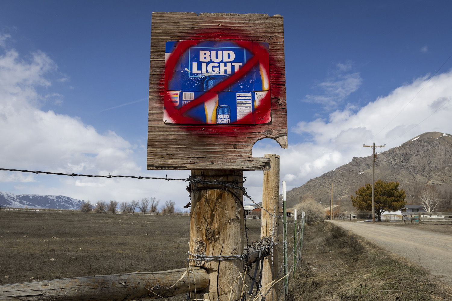 A sign disparaging Bud Light along a country road in Arco, Idaho