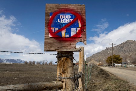 A sign disparaging Bud Light along a country road in Arco, Idaho