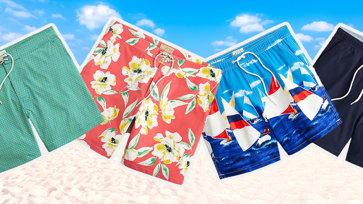 a collage of trunks from the J.Crew swim sale on a beach background