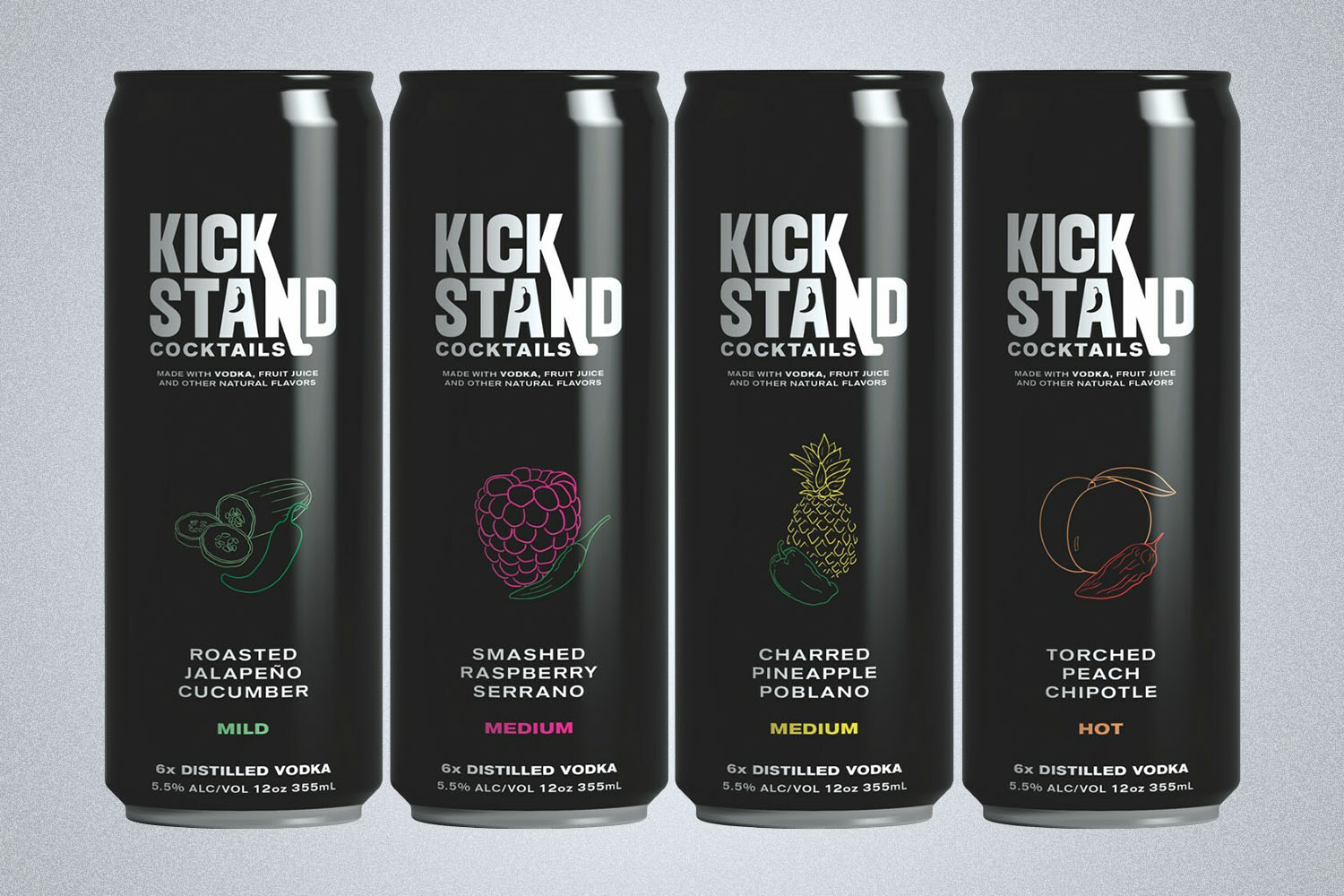 a four pack of Kickstand Canned Cocktails on a grey background
