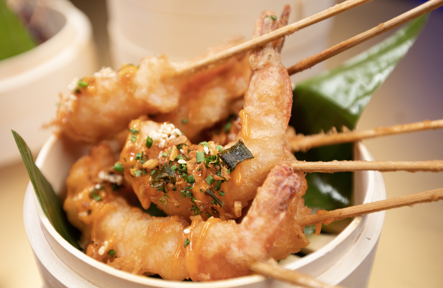cooked shrimp on skewers.