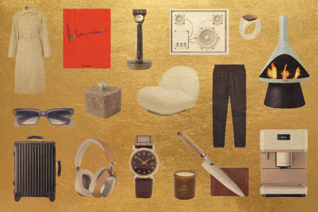 a collage of luxury gifts on a gold background