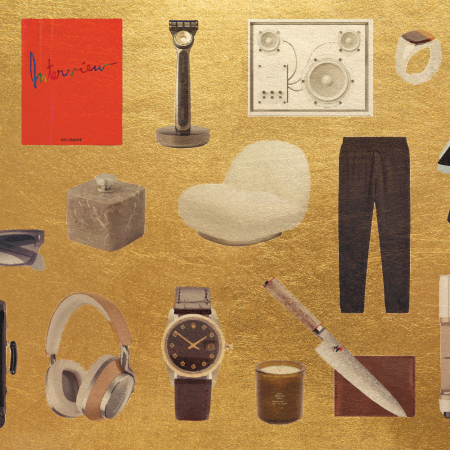 a collage of luxury gifts on a gold background