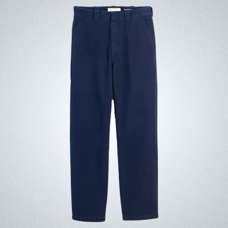 a pair of navy Madewell Vintage Fit Chino on a grey background