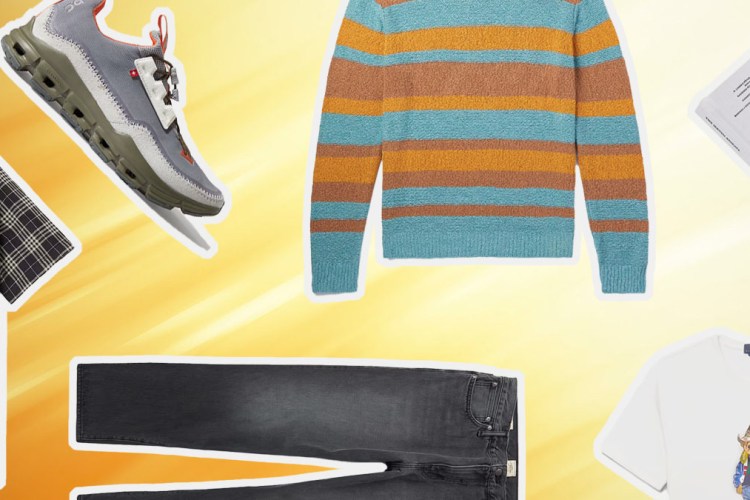 a collage of items from the Mr Porter sale on a yellow background