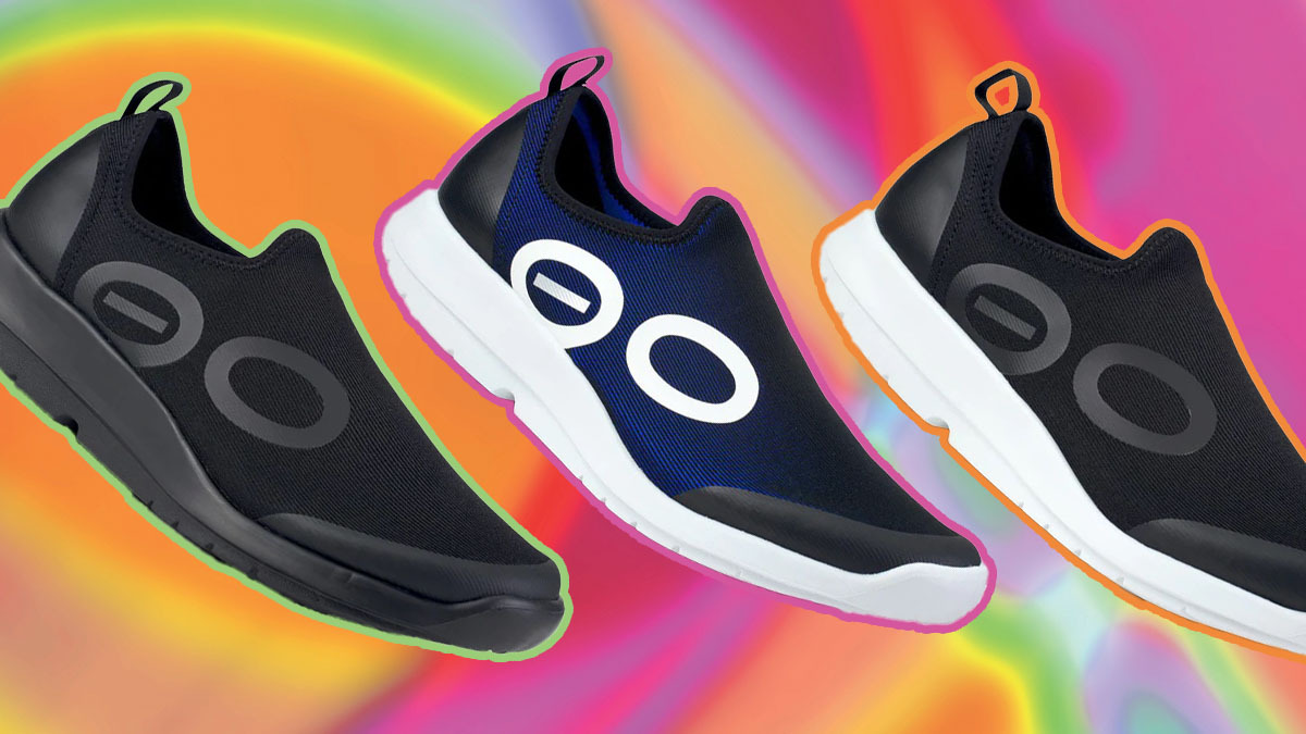 Oofos Shoes on a gradient backdrop