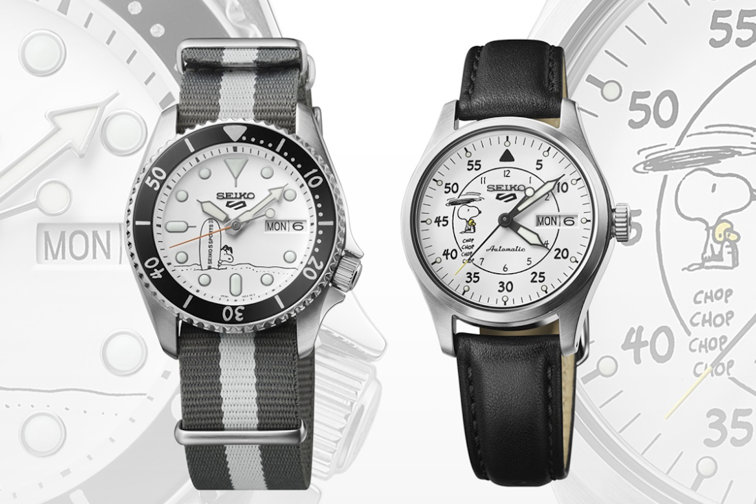 two snoopy watches from the Seiko 5 Sports 55th Anniversary Peanuts Editions collection