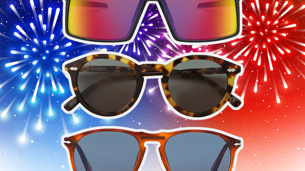 a collage of sunglasses on a firework background