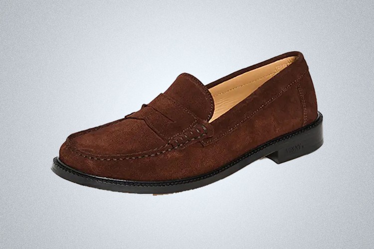 a brown suede Vinny's loafer on a grey background
