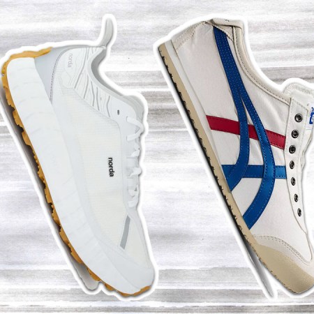 a collage of the best white sneakers for men on a watercolor background