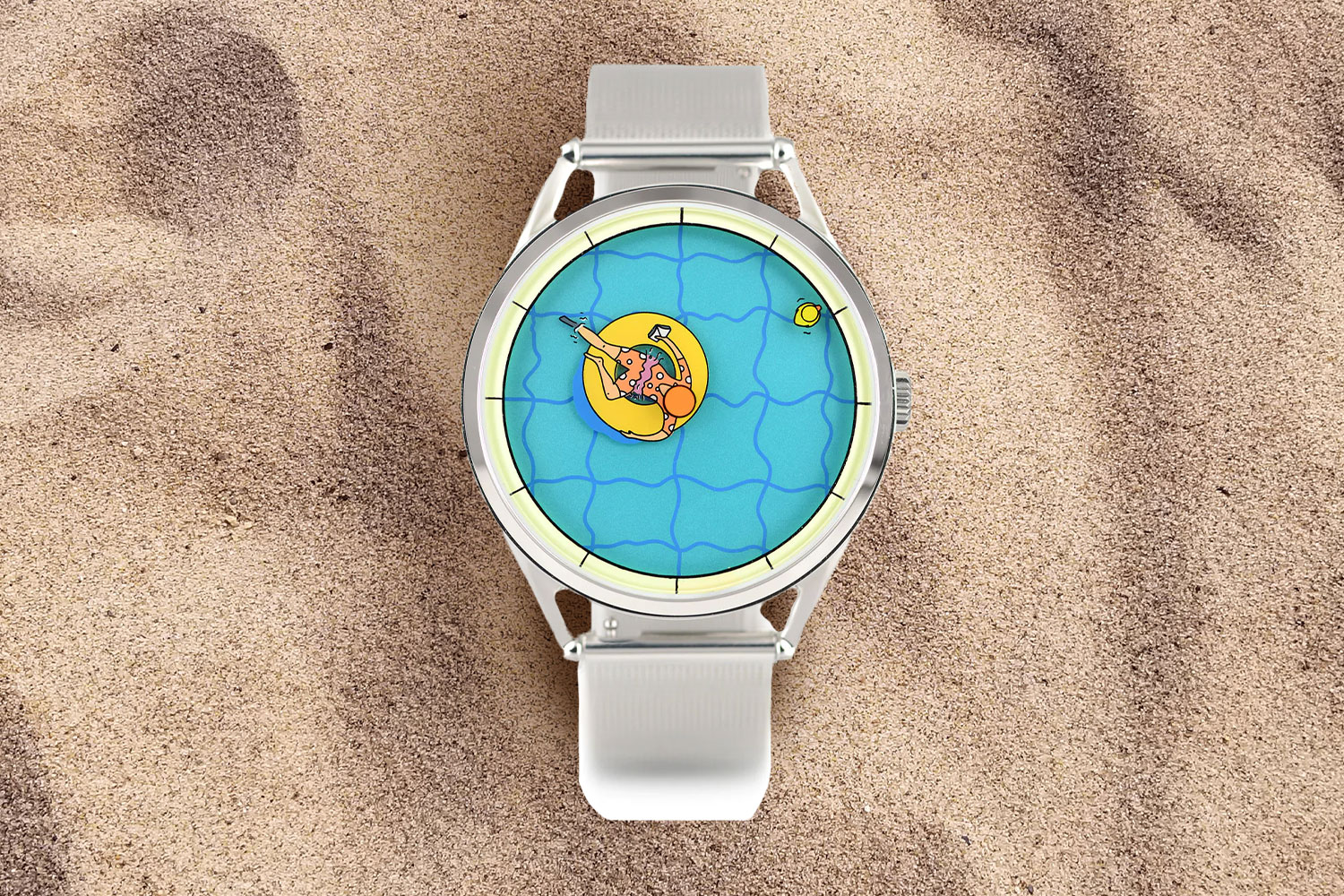 watch in the sand with a person floating in the tube as an arrow hand.