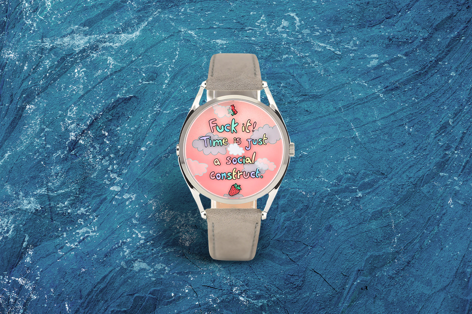 gray watch with multi-colored watch face with a saying that has profanity