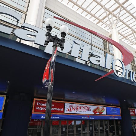 A general view of the exterior of Capital One Arena in Washington, DC.