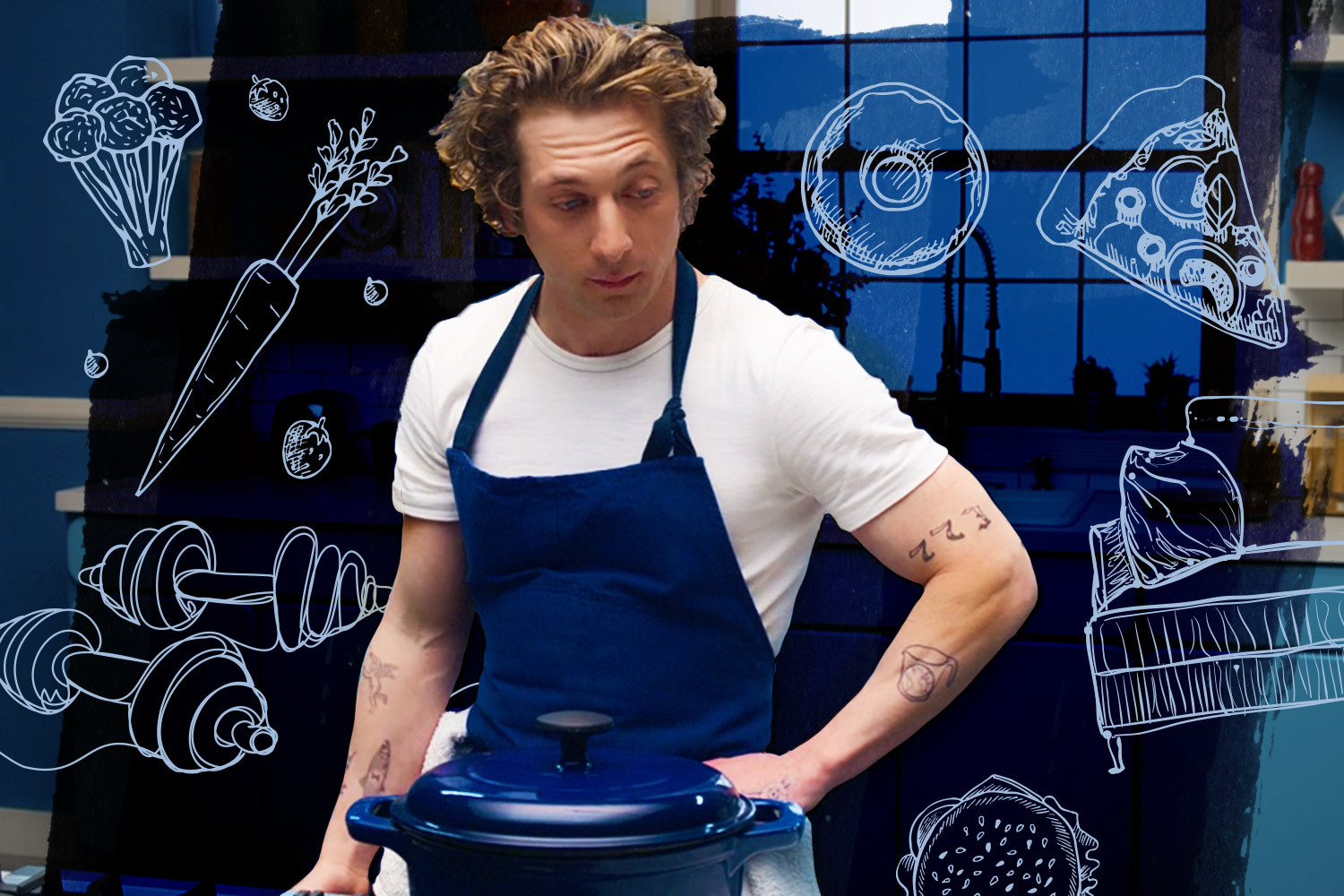 carmy from the bear wearing a blue apron and white tee shirt