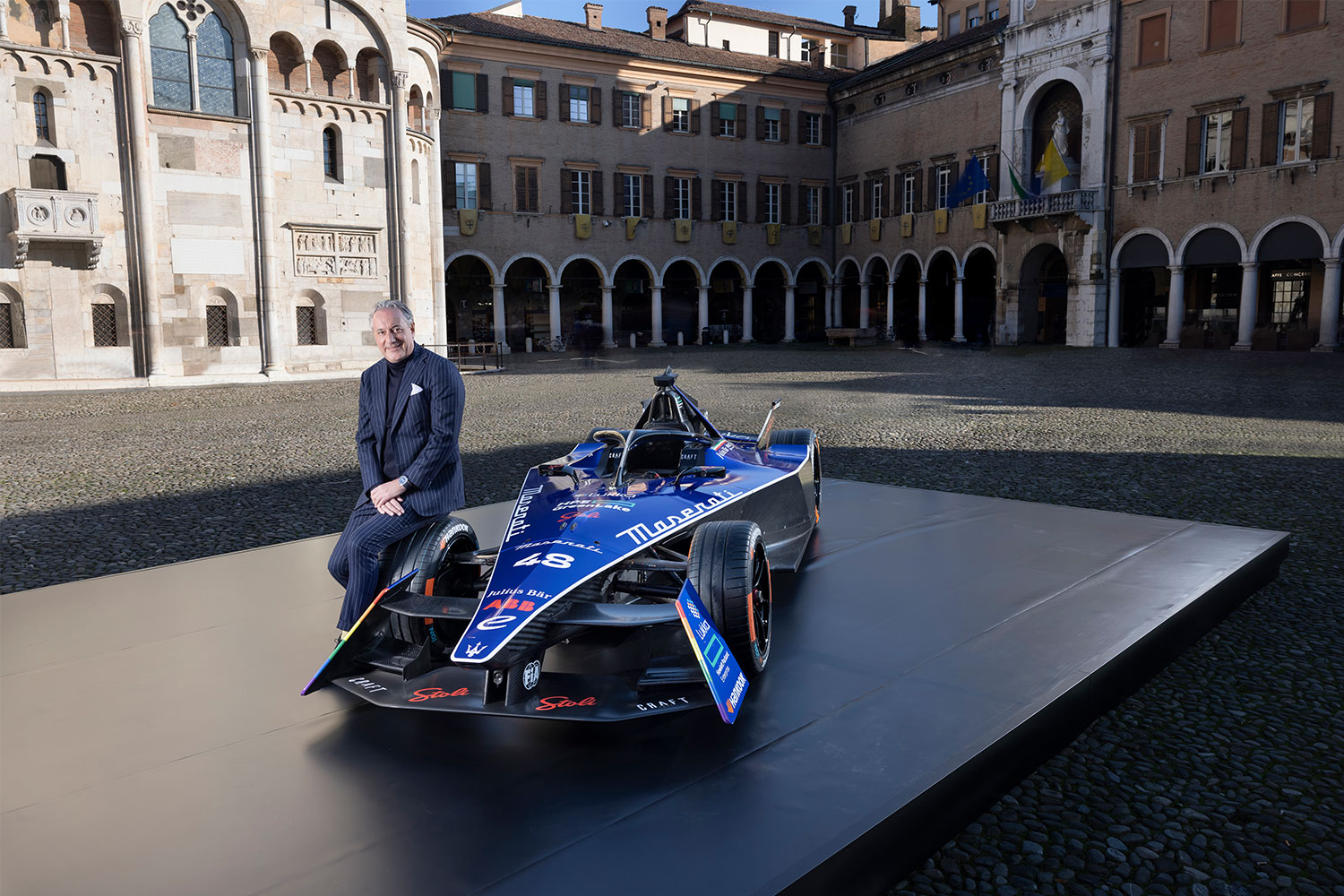 Maserati CEO Davide Grasso and the Tipo Folgore Gen3 Formula E racecar