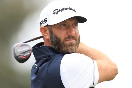 Dustin Johnson plays a practice shot at the 123rd U.S. Open.