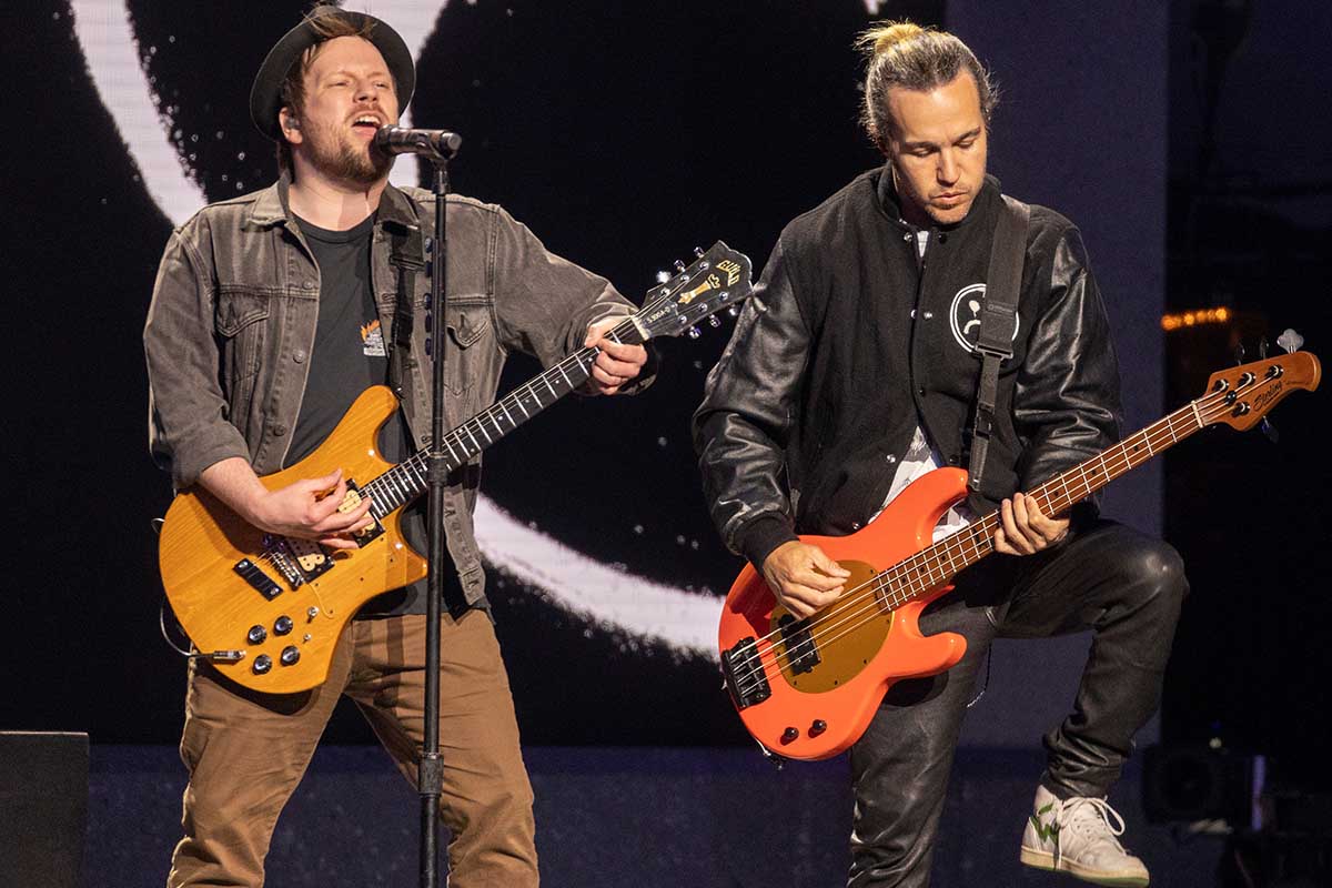Patrick Stump and Pete Wentz of Fall Out Boy during the 2023 NFL Draft Concert Series at Draft Theater on April 27, 2023 in Kansas City. The band recently covered Billy Joel's "We Didn't Start the Fire" with updated lyrics.