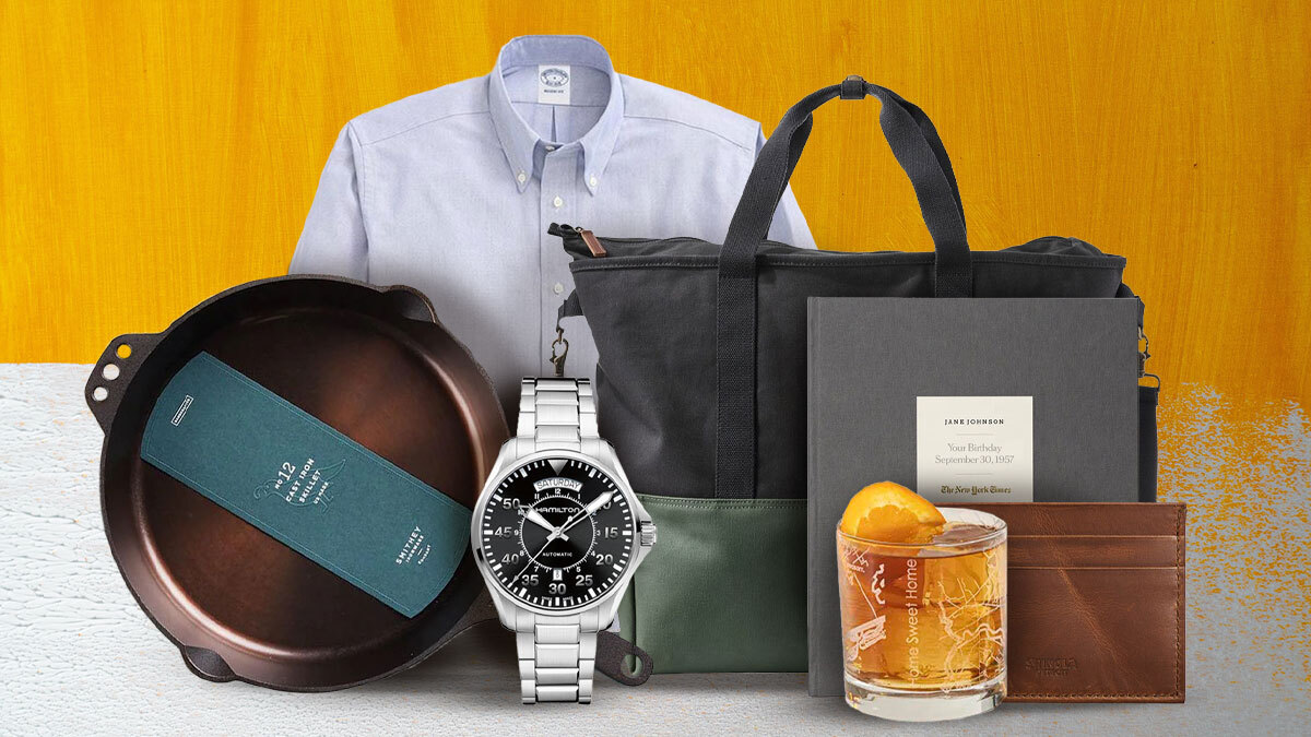 a collage of personalized Father's day gifts on a yellow background