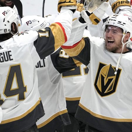 The Vegas Golden Knights celebrate after Game Six of the Western Conference Final.