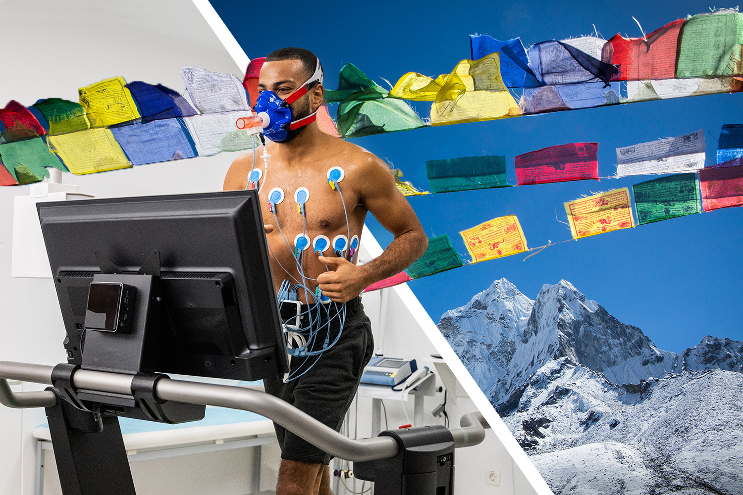 A spliced image of a man doing high-altitude training on a treadmill, and a view of the Himalayas.