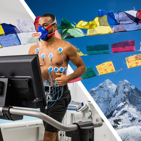 A spliced image of a man doing high-altitude training on a treadmill, and a view of the Himalayas.