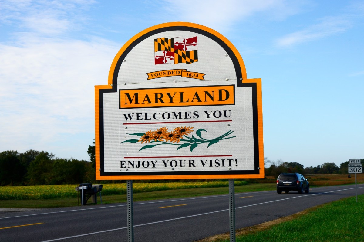 "Welcome to Maryland" sign on the highway
