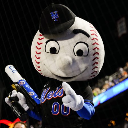 Mr. Met poses for a photo at a Mets game.