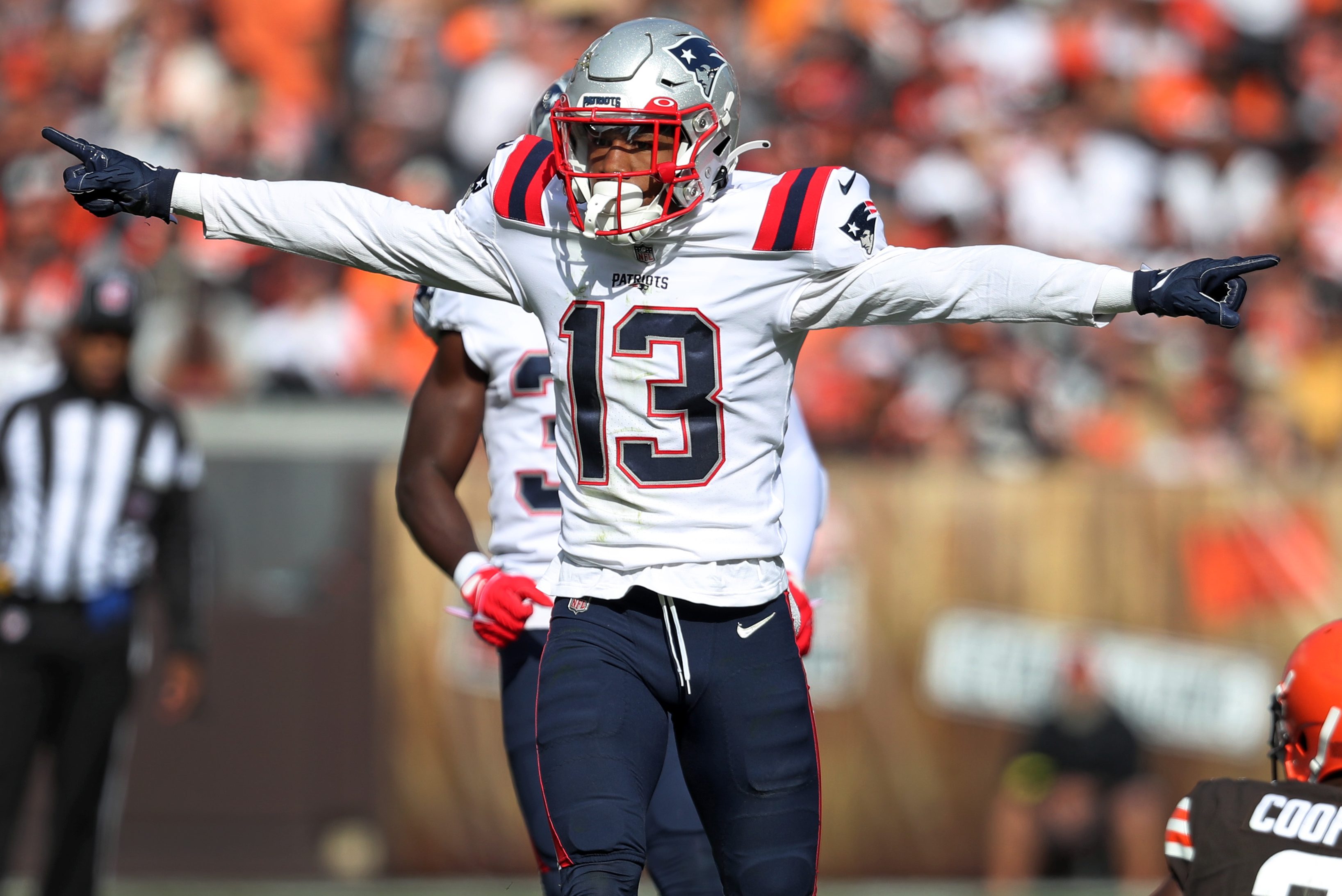 New England cornerback Jack Jones celebrates after forcing an incompletion. 