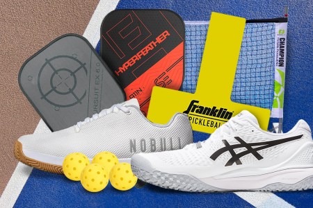 Pickleball gifts on a blue and brown court background